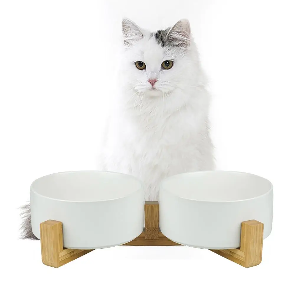 

Pet Bowl Cat Bowls With Wood Stand Elevated Ceramic Food Water Feeder Easy To Clean Non Slip Neck Protection Pets Supplies, Picture colors