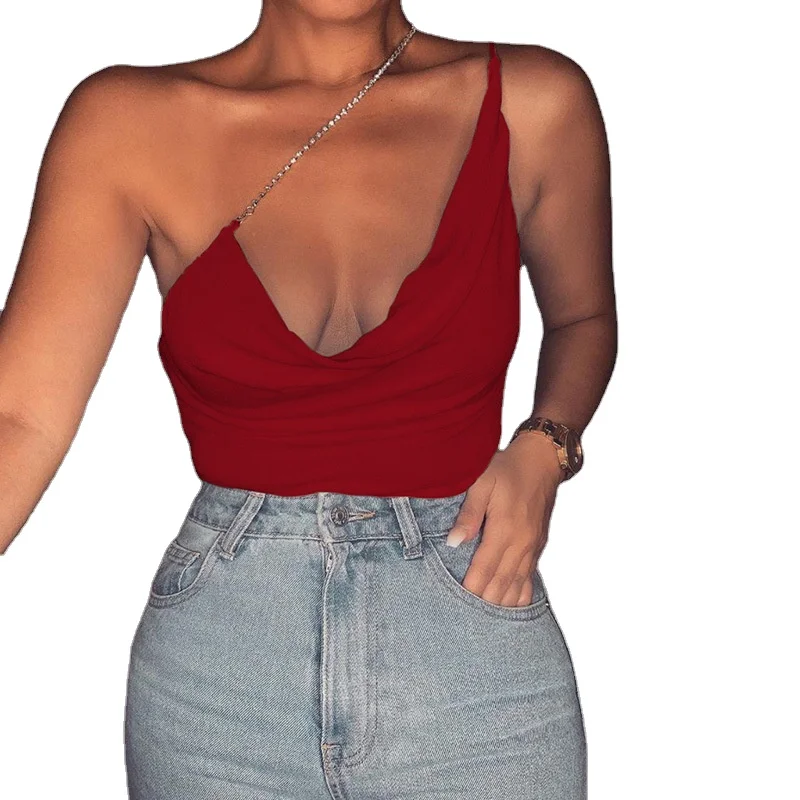 

European Street Summer New Women's Wear Solid Color Chain Top Open Back U-Neck Low Chest Suspender