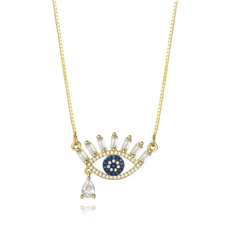 

KN56C Fashion Women Luxury Bling Jewelry 18K Gold Plated Necklace Crystal Evil Blue Color Eye Necklace