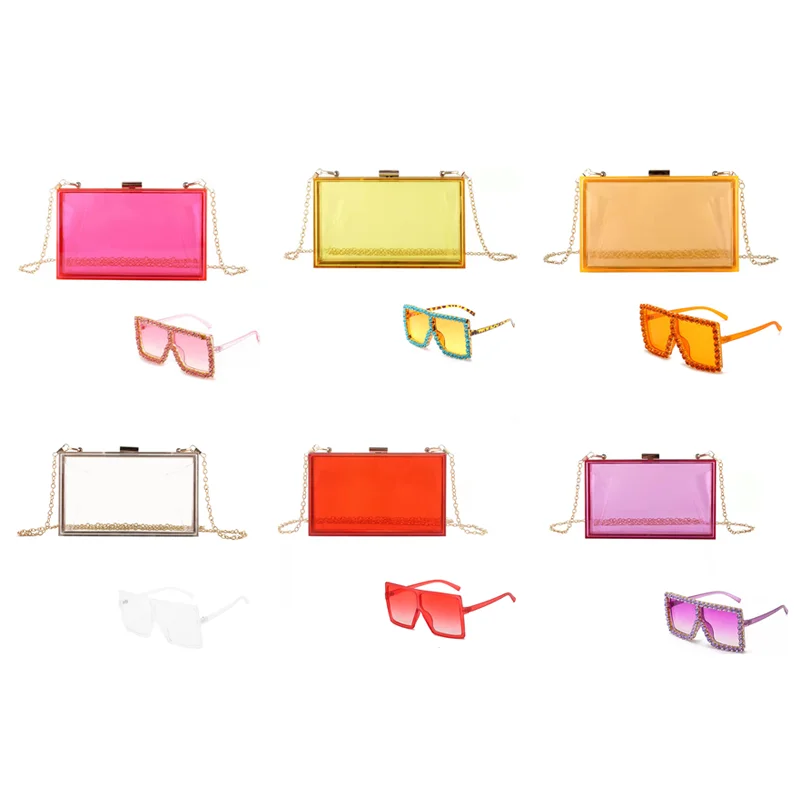 

2021 Acrylic new transparent box glasses sets clutch wholesale sets clear handbags cute women's purses with matching sunglasses, Customizable