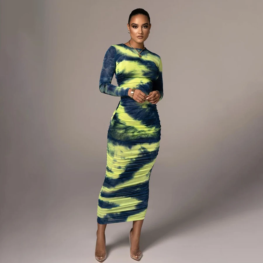 

Sexy Tie Dye Dress Printed Bodycon Long Sleeve Crop Top Pencil Women Dress Sets Two Piece Skirt