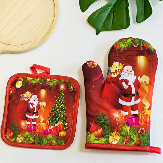 

Christmas Kitchen Oven Gloves Cotton Double-Layer Heat Resistant Oven Mitts/BBQ Gloves/Grill Gloves, As picture