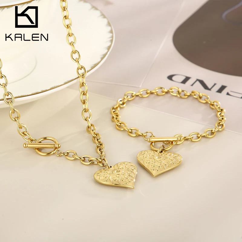 

Kalen Vintage Punk Stainless Steel Heart Bracelets Necklaces OT Lock Jewelry Set