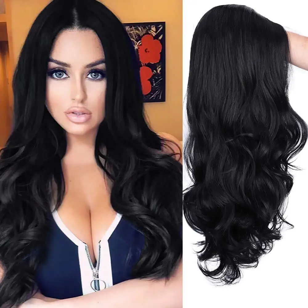 

Black Wigs Mixed Fibres Long Curls And Large Wavy Wigs Hair With Front Lace, See details