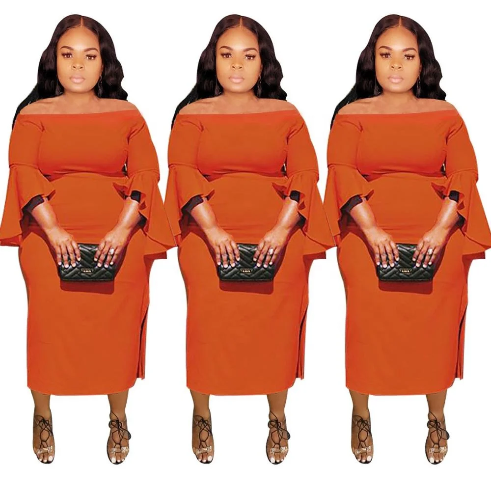 

B52166A New arrival fashion flared sleeve women plus size orange dress