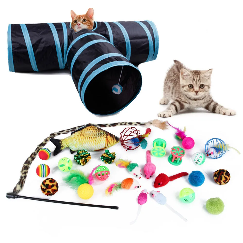 

Amazon Hot Sale 21 Pieces Pet Toys Set Ball Fish Cat Teaser Plush Mouse Cat Products Cat Cave Tunnel Channel, Mix