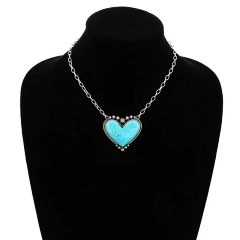 

Wofish Western Jewelry Heart shape turquoise stone pendant necklace for cowgirl gifts