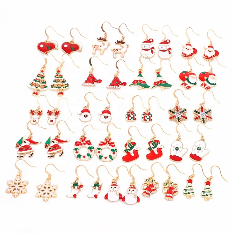 

2021 Christmas Santa Bell Unicorn Hat Snowflake Snowman Elk Reindeer Tree Pendant Earrings, As the pictures show