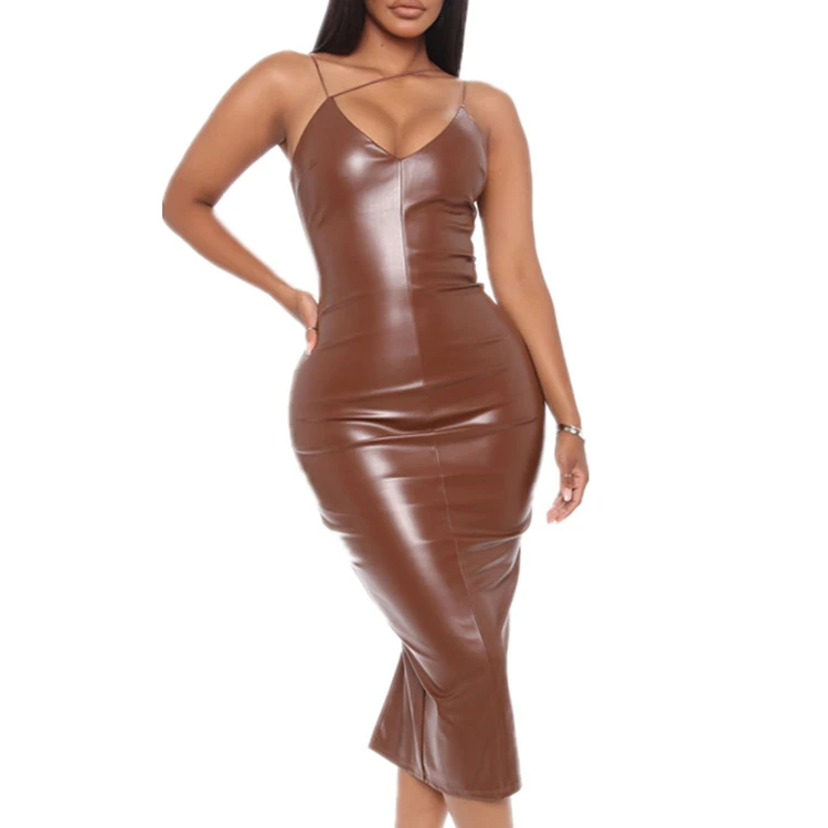 

2021 New Arrival Clothing Wholesale Black PU Leather Dresses