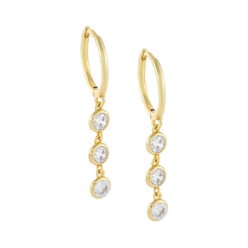 

2020 New Trendy 925 Sterling Silver Jewelry Three Round CZ Stone Charm Hoop Earrings For Women, Gold and silver