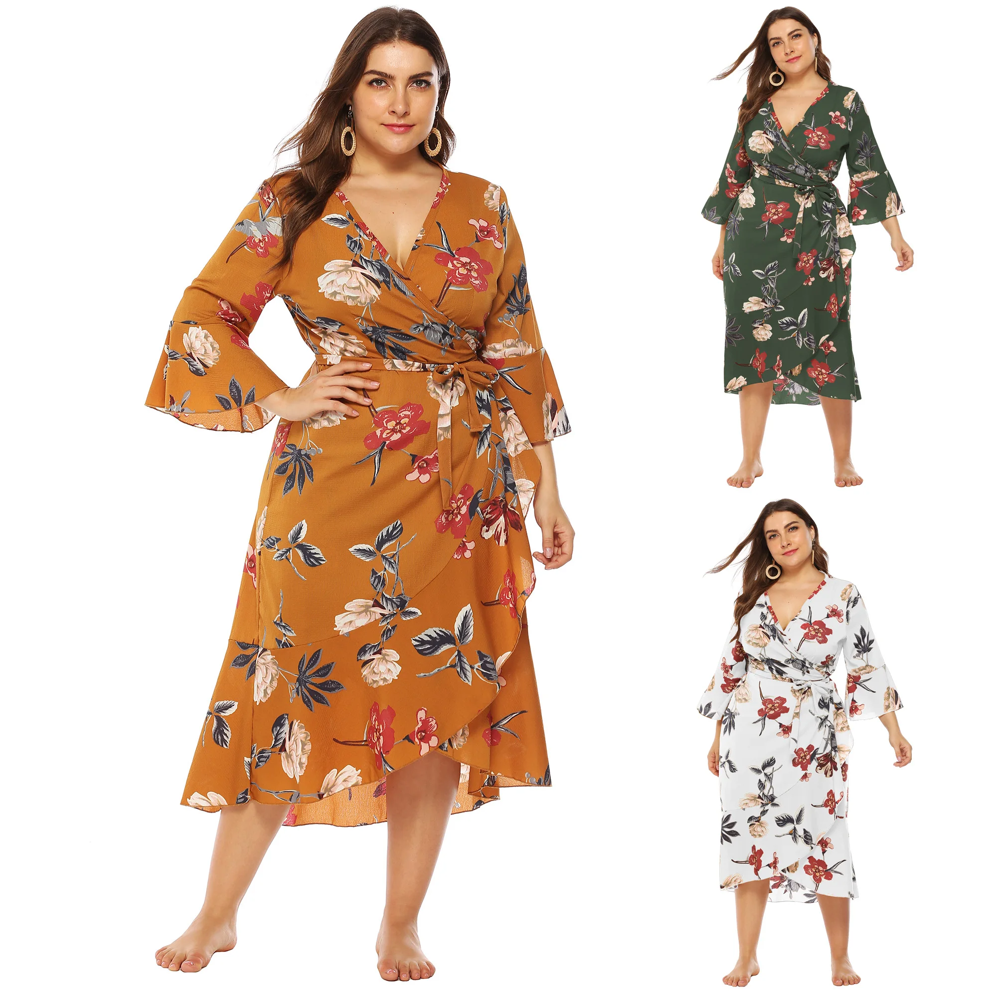 Ladies Spring Summer Casual Ruffle Dress Plus Size Flower Print Chiffon Women Clothing