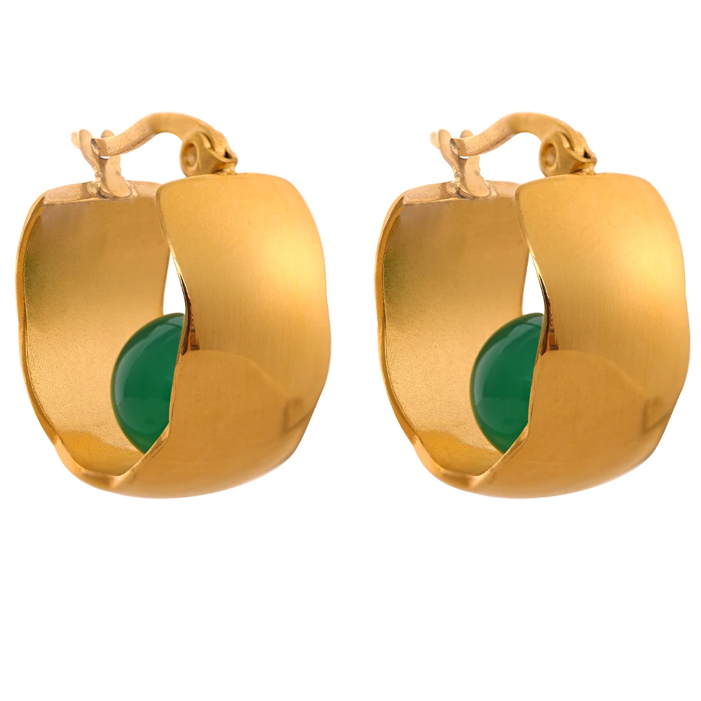 

JINYOU 696 Green Agate Natural Stone Smooth Metal Stainless Steel Round Huggie Hoop Earrings 18K Gold Plated Waterproof Jewelry