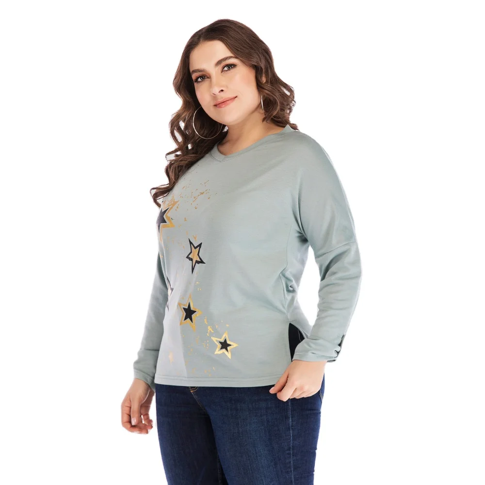 

2021 Spring And Autumn Plus Size Women's T-shirt Bronzing Round Neck Loose T-shirt Casual Long-sleeved Women's T-shirt