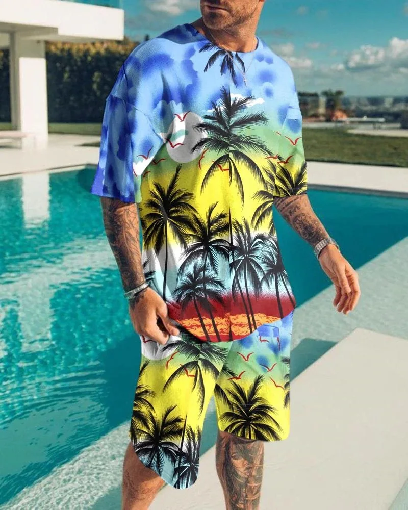 

Beach Men'S Shorts Sets Tracksuit Custom Logo Casual Sports Hawaii T-Shirt Shorts Digital Printing Jogger Set For Men, Customized color