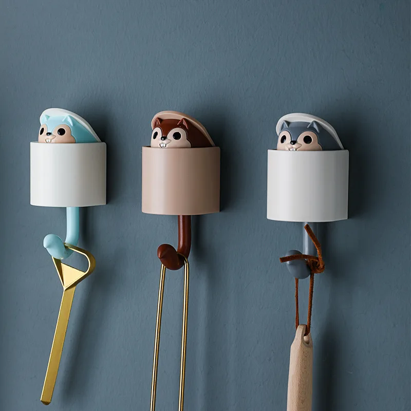 

2021 New Simple Creative Squirrel Hook Viscose Hook Free Punch Kitchen Bathroom Household Cartoon Cute Decorative Key Hook