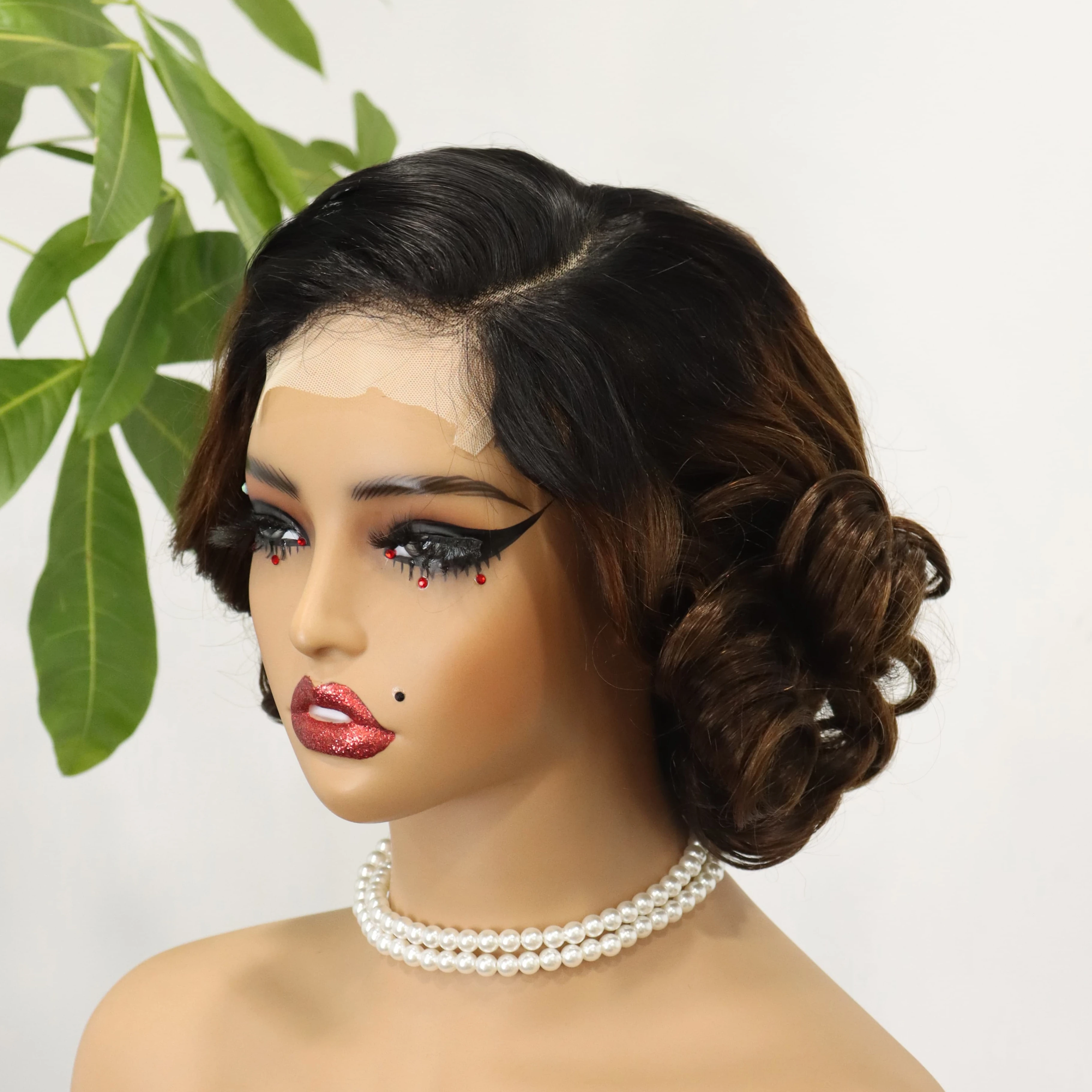 Ombre 1BT4 Short Pixie Cut Wigs for Black Women Transparent Lace Front Closure Human Hair Wigs 4x4 Brown Color Curly Wavy