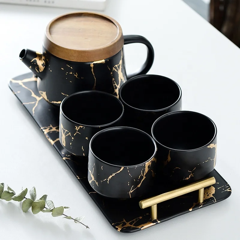 

Light luxury gold painted marble pattern flower tea set Nordic set afternoon funky tea sets, Black