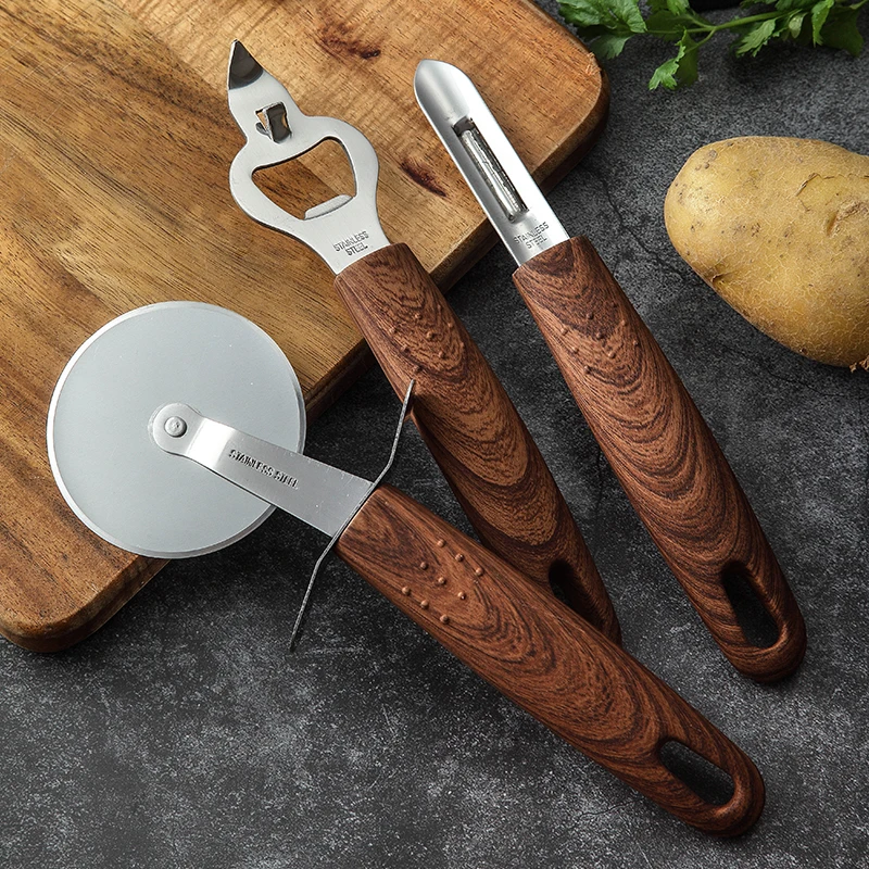 

Tansung custom logo 7 pcs coating wood grain handle stainless steel kitchen tools and gadgets set, Black, or customized