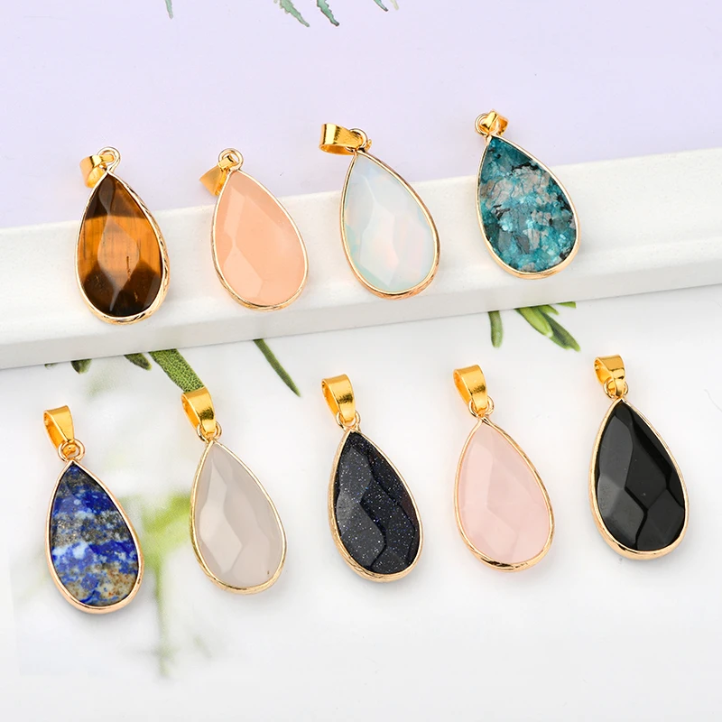 Natural Crystal Gem Stone Drop Bead Pendant Puffy Faceted Drop Stone Pendant for Necklace