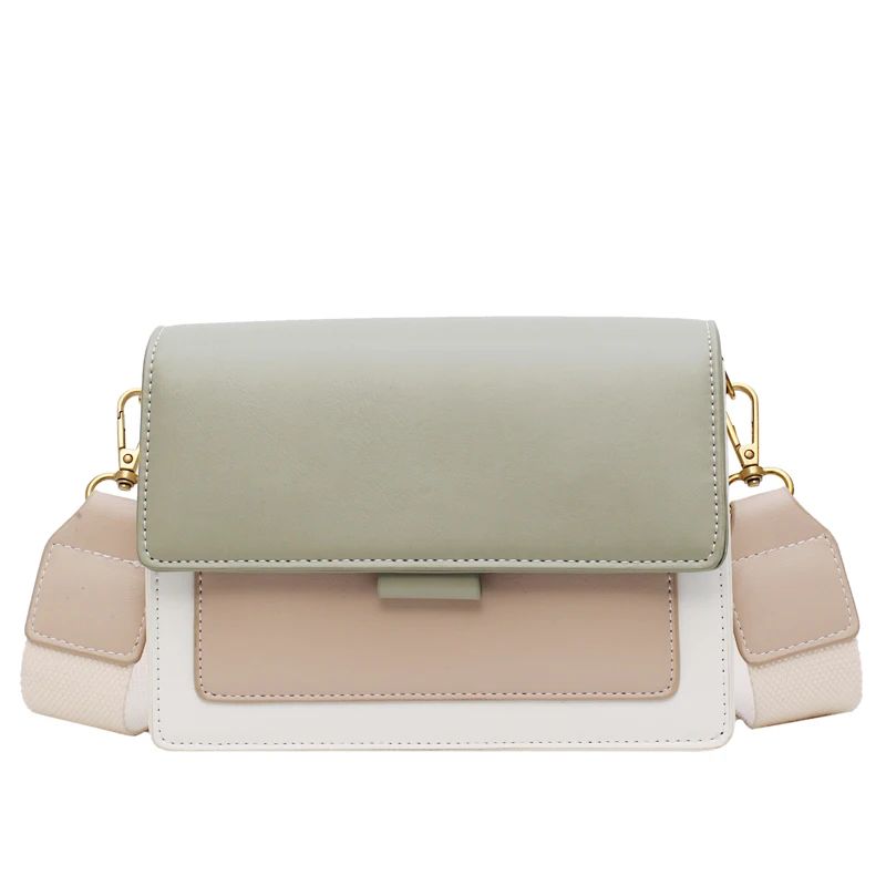 

A 2020 Fashion Wide Strap Shoulder Ladies Hand Bags Contrast Color PU Leather Simple Women Leather Crossbody Bags