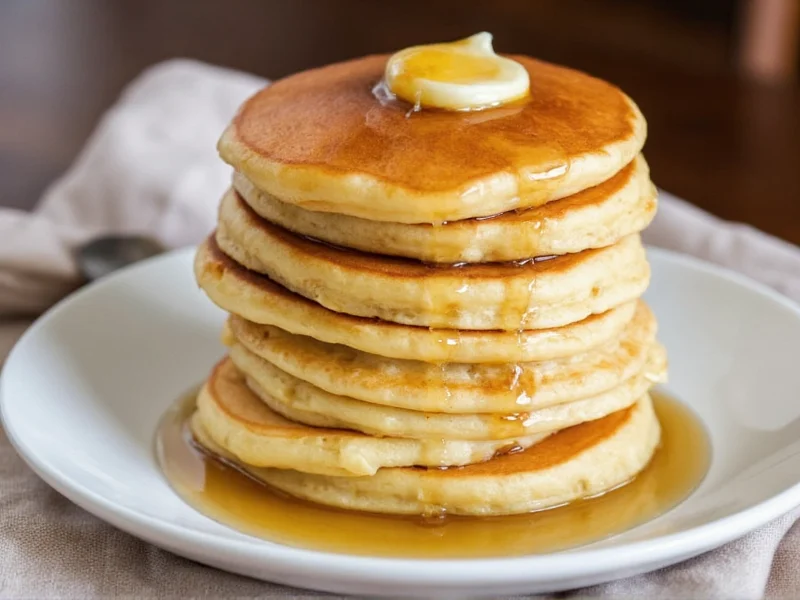 Fluffy golden egg-free pancakes stacked with maple syrup