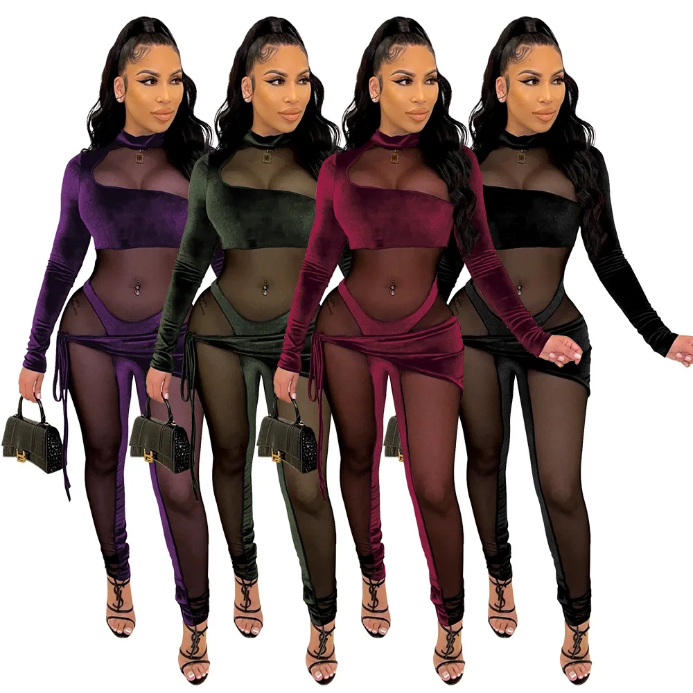 

2022 New Design Jumpsuit Velvet Bodysuits One Piece Sexy Rompers Womens See Through Jumpsuit Wholesale