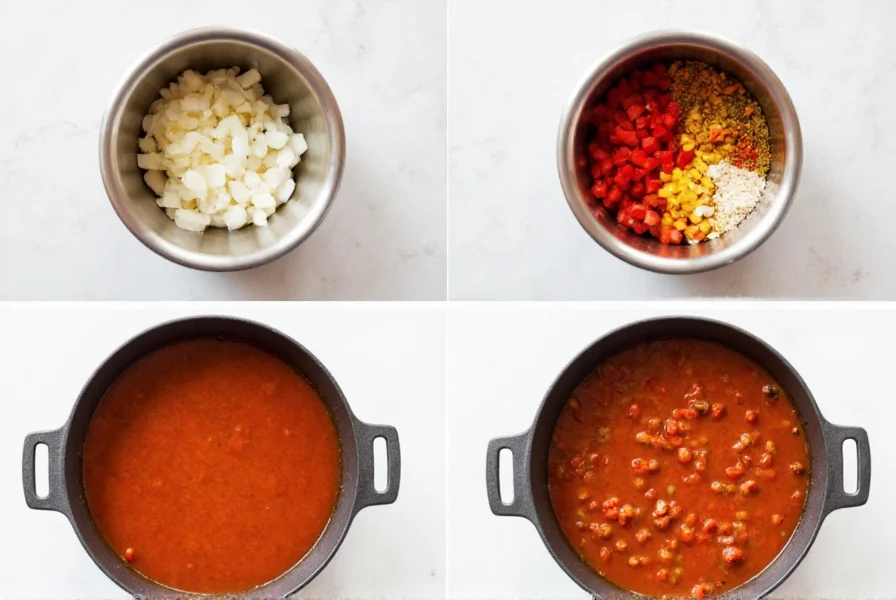 Step-by-step preparation of homemade stuffed pepper soup showing ingredients in stainless steel bowls and cast iron pot