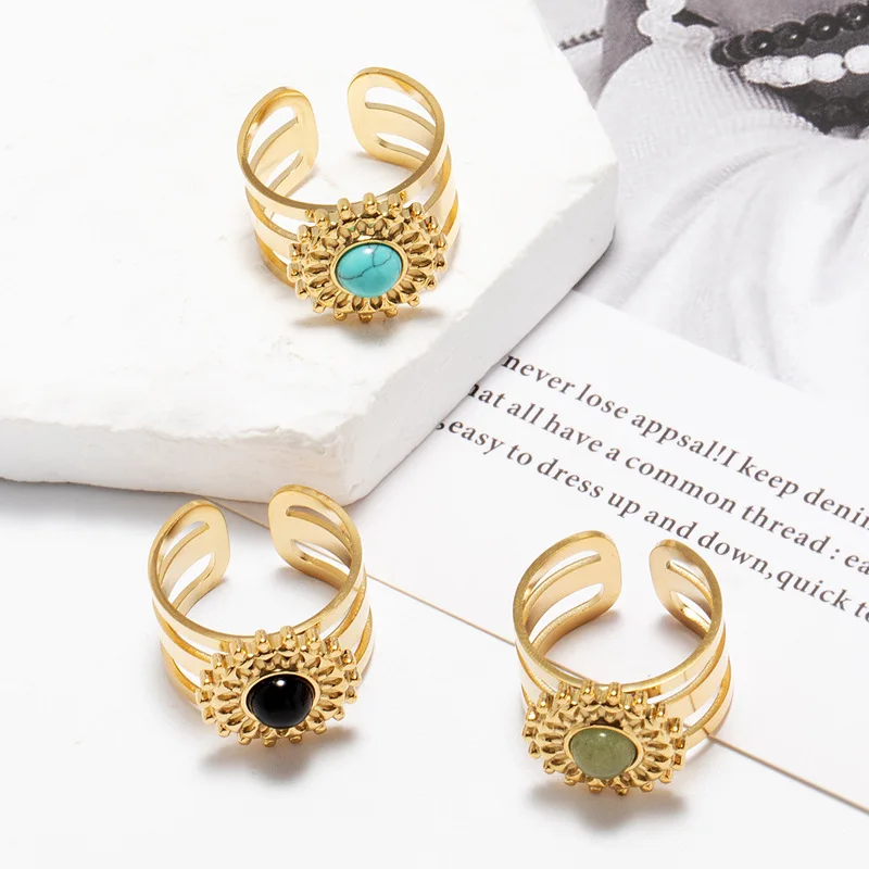 

Vintage Wholesale 14K Gold Sun Flower Shape Finger Rings Titanium Steel Natural Stone Open Ring Jewelry