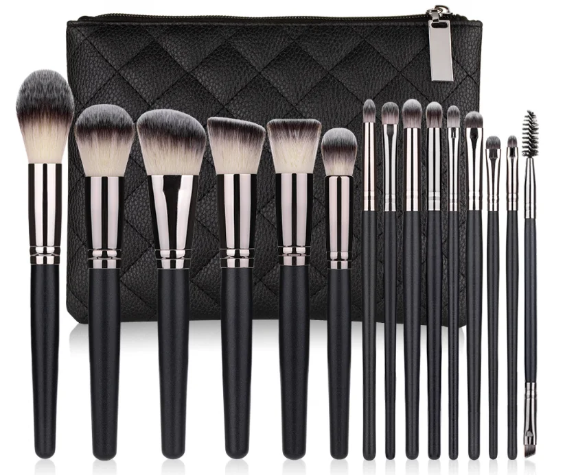 

private label custom logo wholesale 15pcs black makeup brush set with bag