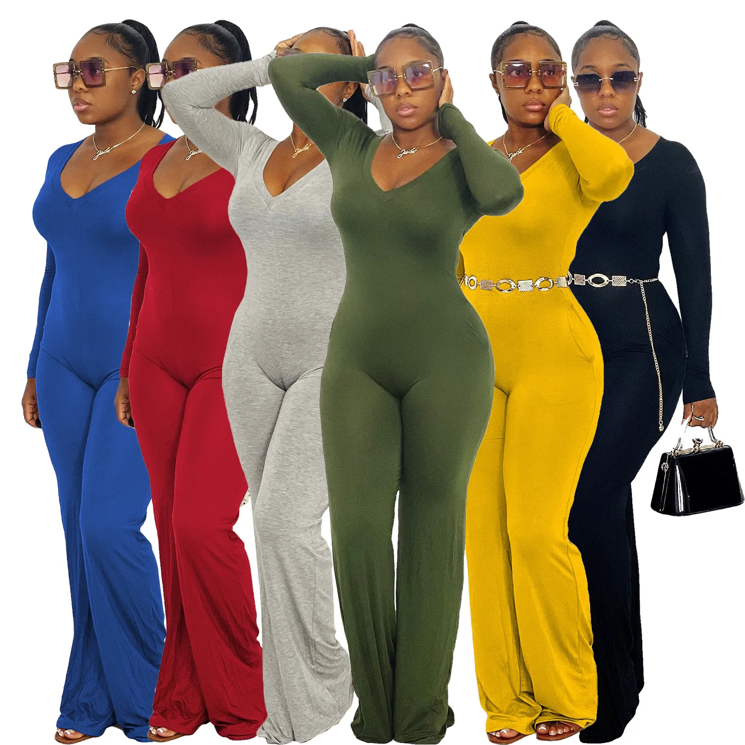 

GX191 New Arrivals 2021 Fall Winter Clothes Solid Color V Neck Romper Women Long Wide Legs Pants Long Sleeve One Piece Jumpsuit, Picture