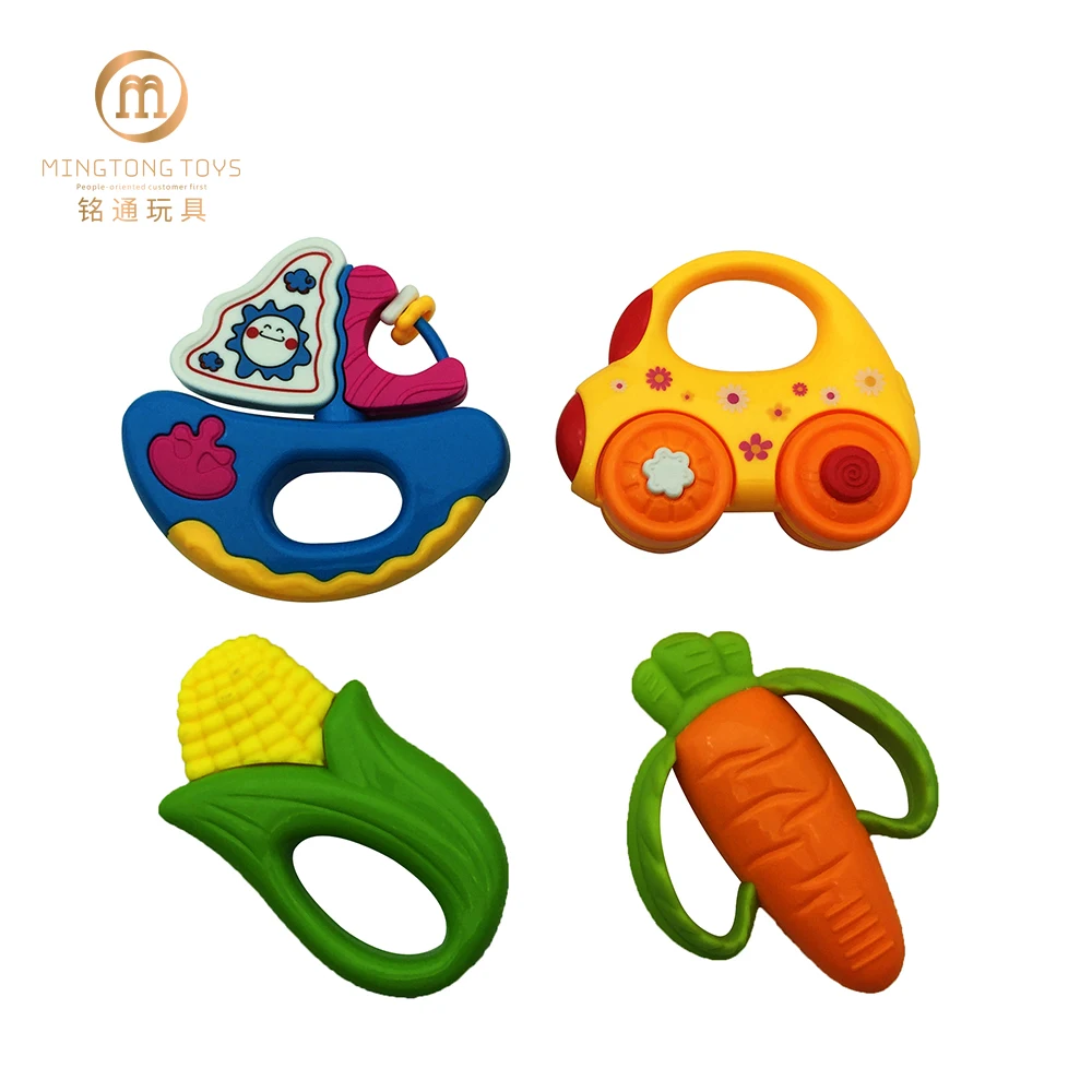 colorful squeezing 4pcs mixed shape hand bells plastic baby rattle toys