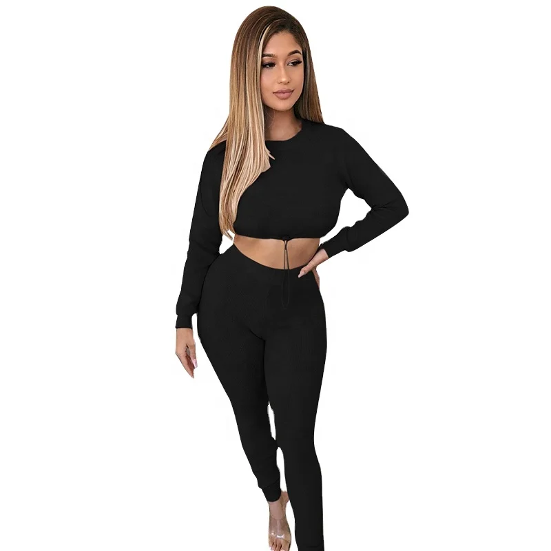 

Winter New Arrivals Home Wear Bodycon Crop Top Pants Set Long Sleeve Knitted Ribbed 2 Piece Set, Multi color