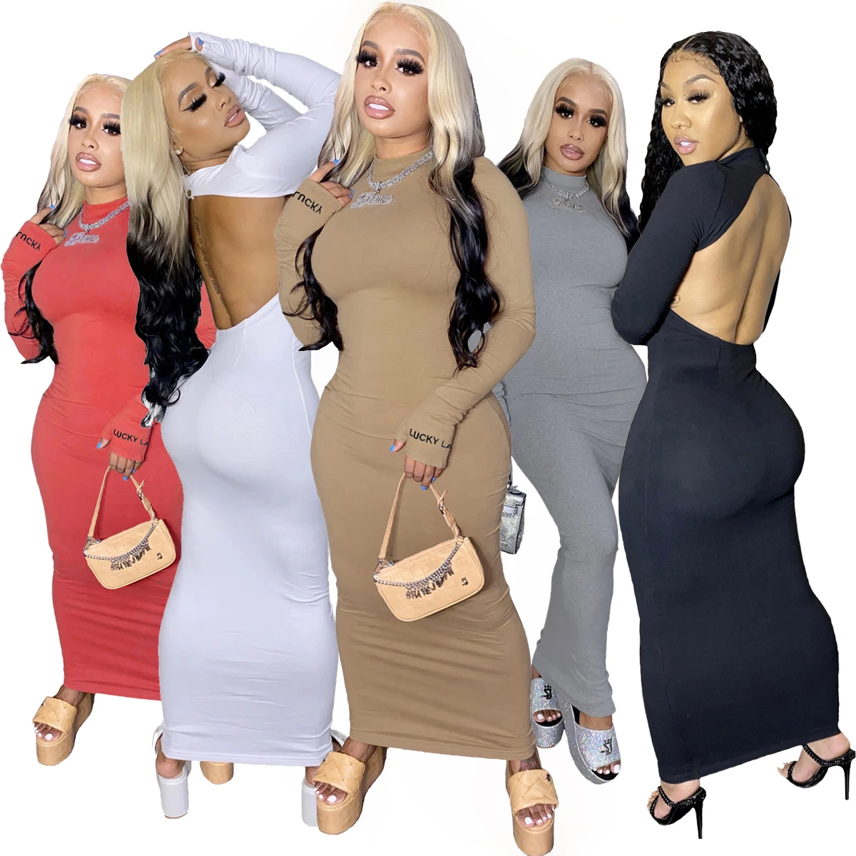 

Women Backless Long Floor Dresss Embroidered Lucky Label Letter Casual Party Dress 2020 Fall Dress Lucky Label Dress Long Sleeve, Customized color