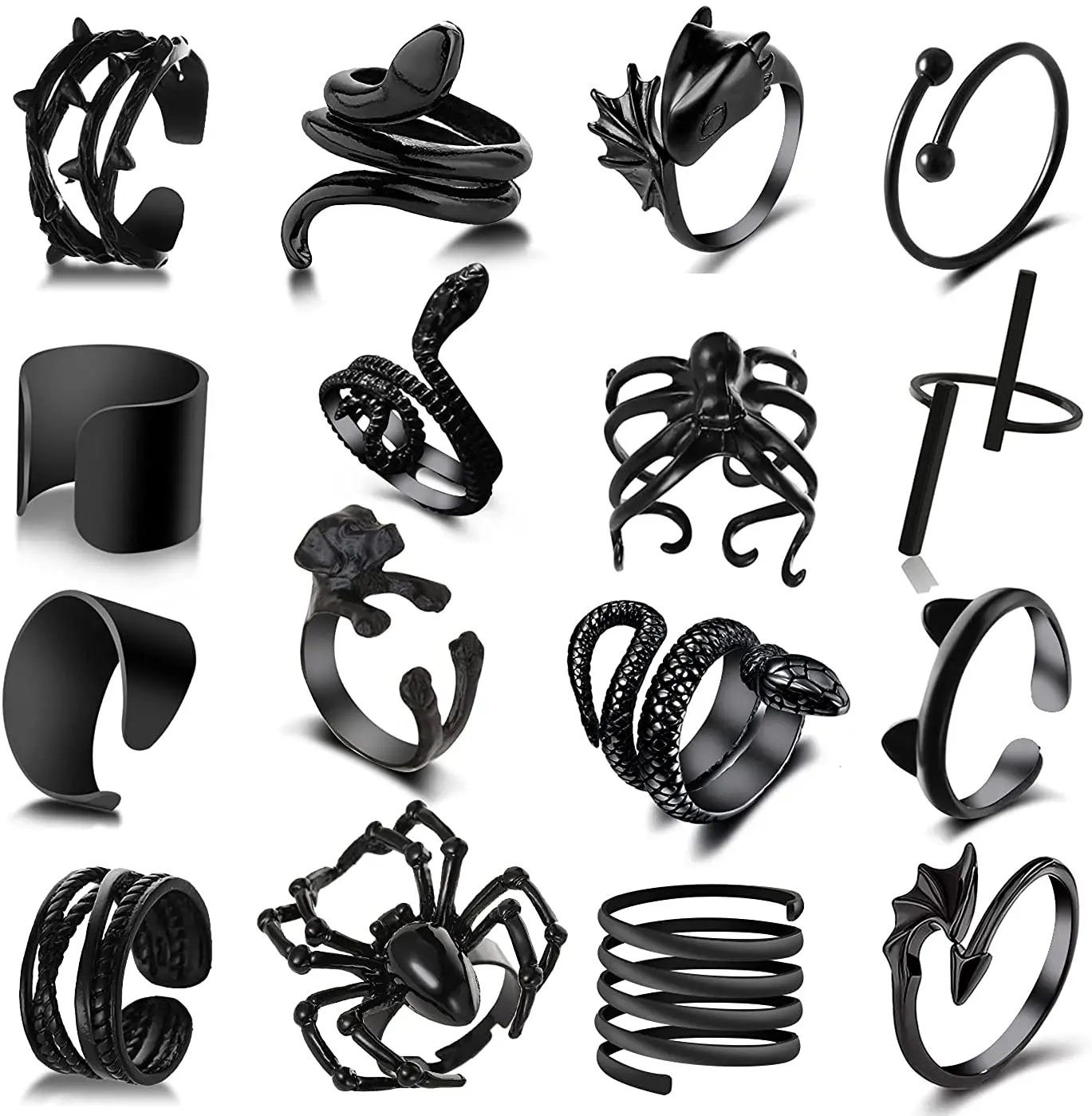 

Vintage Punk Black Women Men Animal Cat Skeleton Claw Bat Devil Wing Dog Spider Rose Adjustable Retro Cool Snake Rings