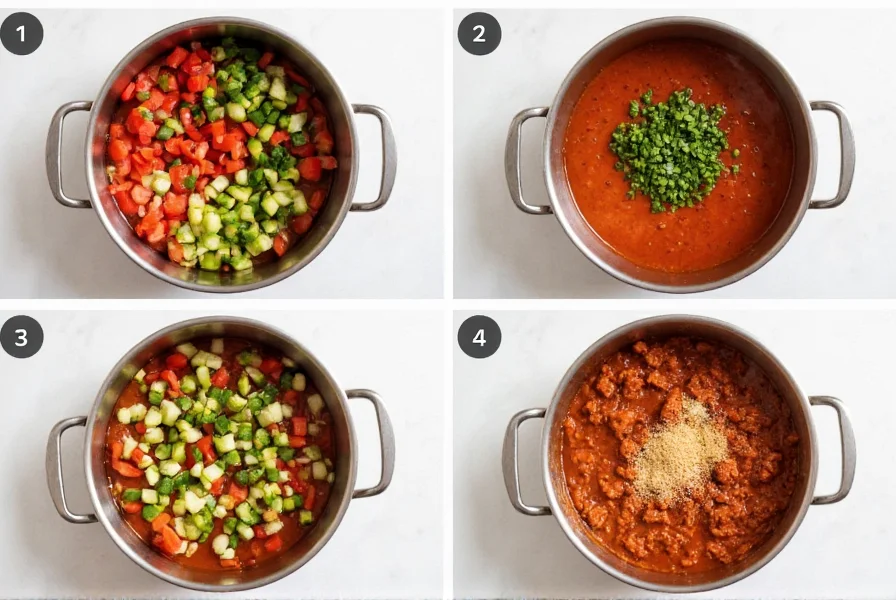Step-by-step preparation of healthy chili with fresh vegetables and lean protein in a stainless steel pot