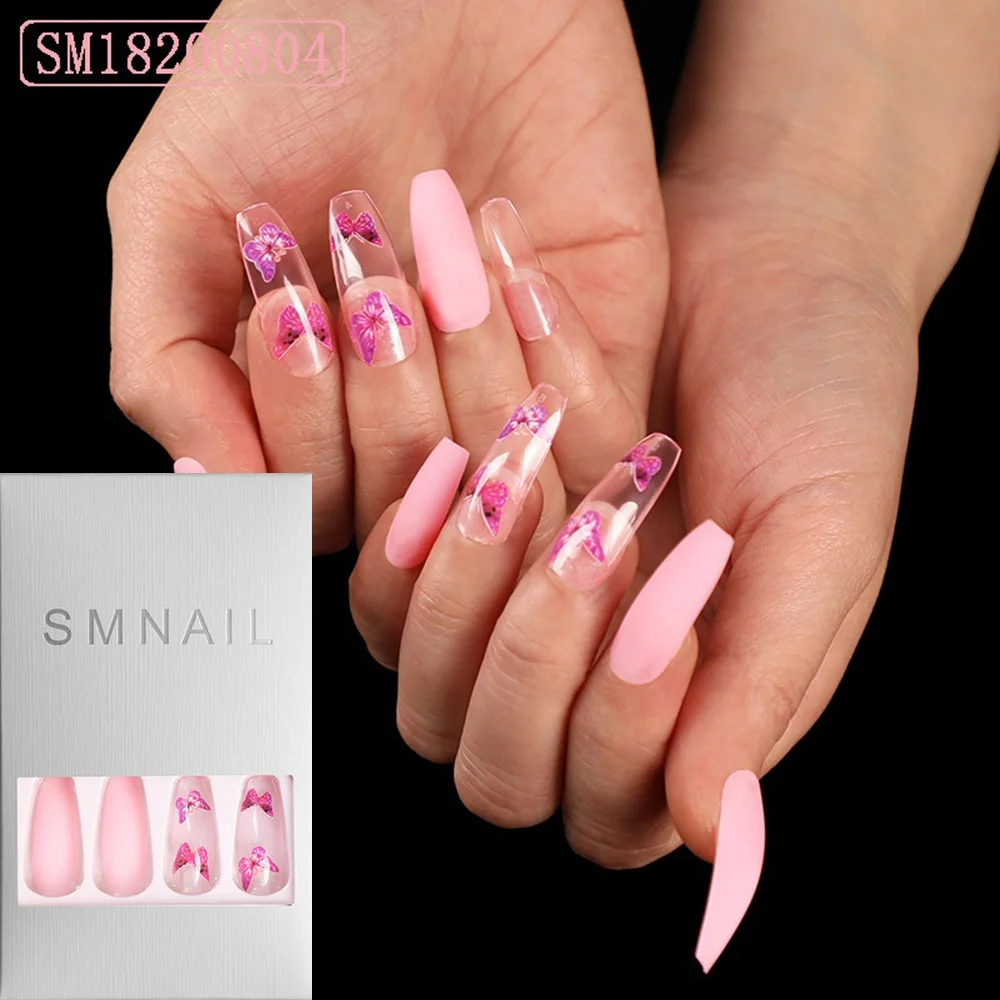 

24 Pcs/Set French Butterfly Pattern Long Stiletto Coffin Press On Nails Acrylic False Nail Tips