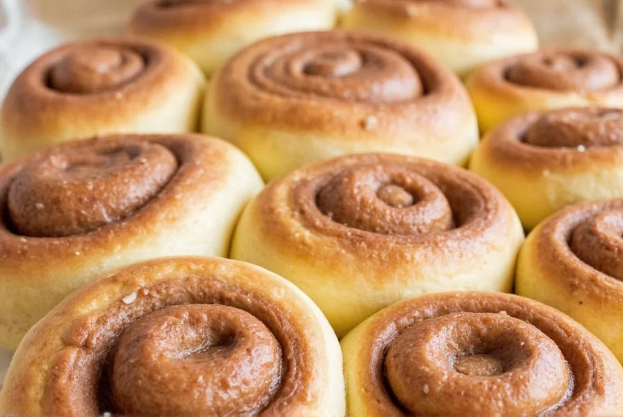 Professional food photography of golden brown cinnamon rolls with cream cheese frosting dripping down sides, served on rustic wooden board