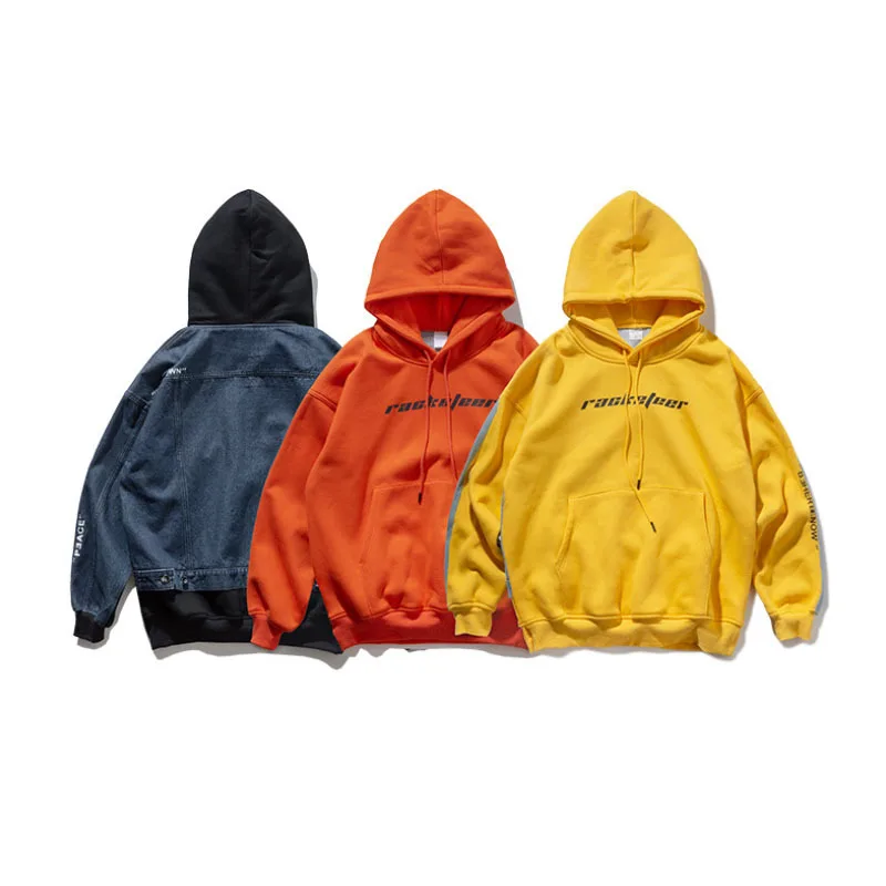 Hot sale New men's sweater fake two pieces of hip hop fashion brand cowboy stitching hooded pullover couple jacket.