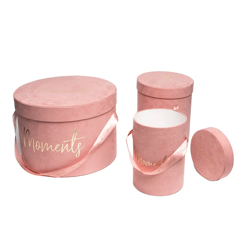 

Different size pink flower round packaging gift box with ribbon handle