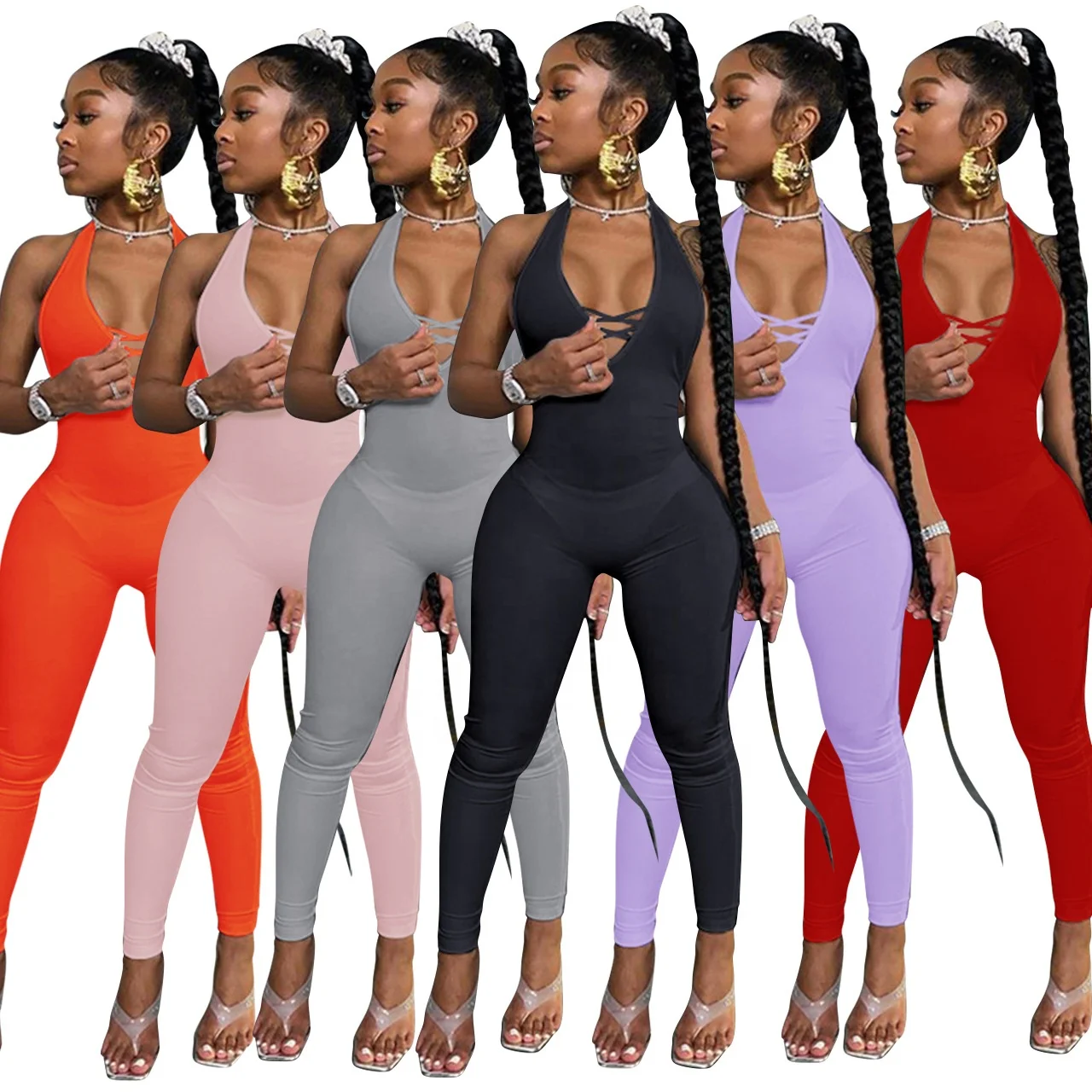 

XLL Q21S847 Amazon hot sale rompers ladies 2021 summer sets clothing tight-fitting deep v-neck womens jumpsuits sexy