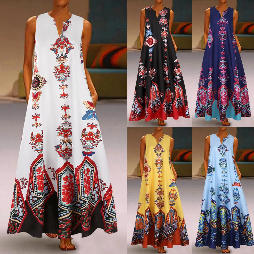 

Summer New Fashion Print Sleeveless V Neck Casual Loose Plus Size Women Clothing Maxi African Dress, As shown