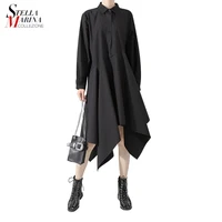 

Latest Stylish Korean Style Women Apparel 2019 Autumn Long Sleeve Solid Black Irregular Hem Polo Casual Dresses 5510