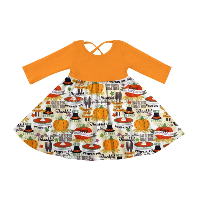 

Boutique Long Sleeve Halloween Holiday Girl Clothing Soft Wear Kids Pumpkin Twirl Dress, Picture