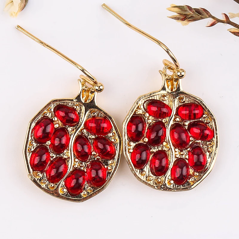 

Bohemia Fruit Pomegranate Ruby Gold Earrings Women Oval Red Gemstones Earring