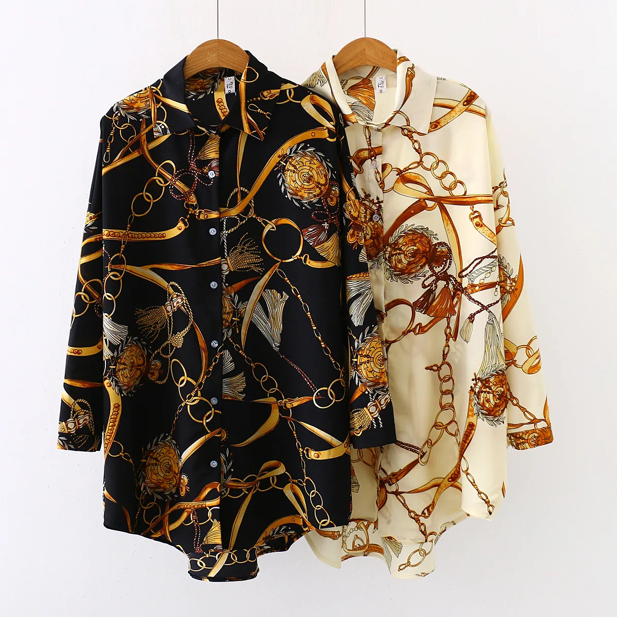 

Spring and summer women lapel Large size chiffon shirt fashion chain print shirt Casual Spliced Asymmetrical long sleeve blouses, Black, apricot&customized color