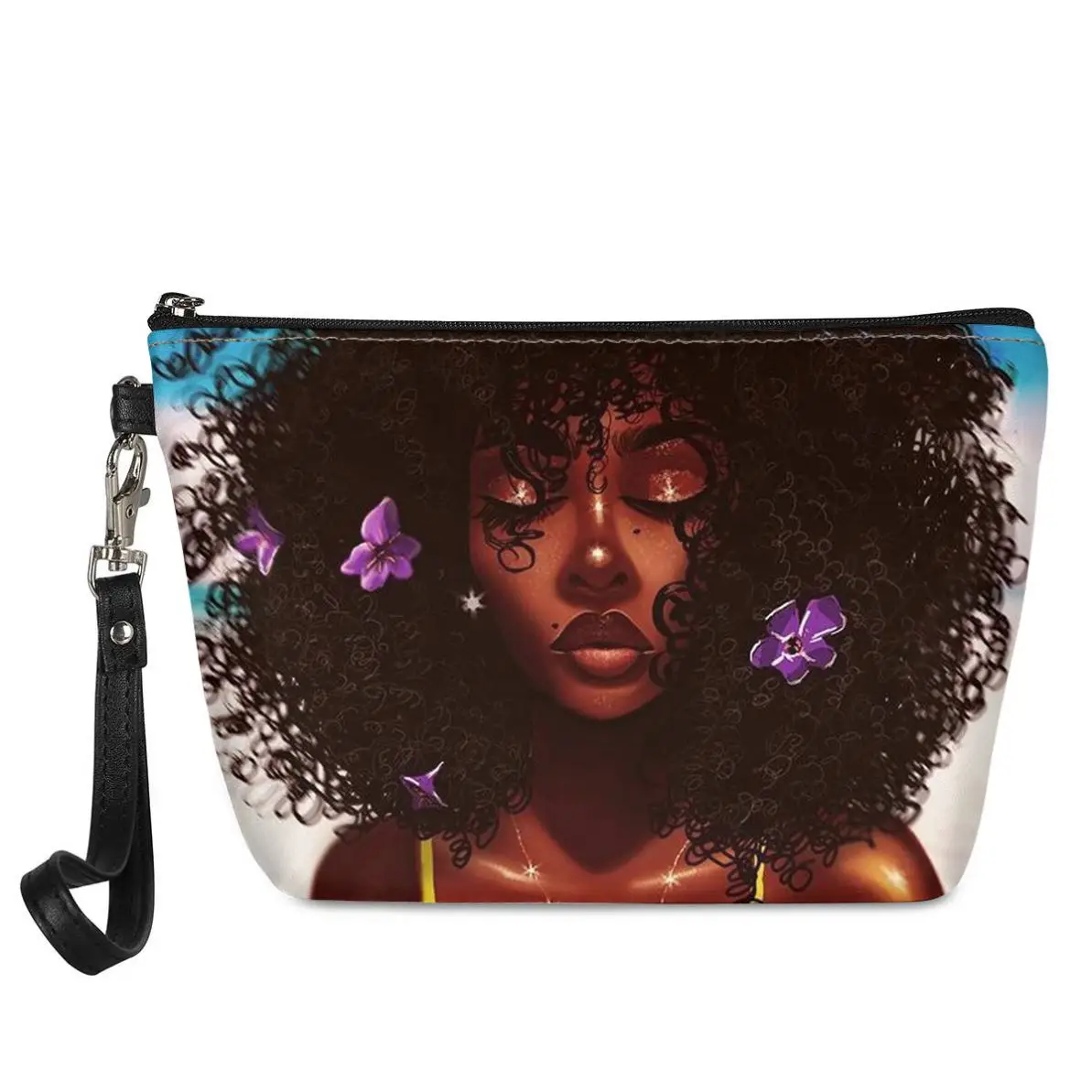 

Hawaiian Style Manufacturing Leather Handbags African Girl Magic Travel Pouch Cosmetic Bag Velvet Make Up Bag, Customized , print on demand