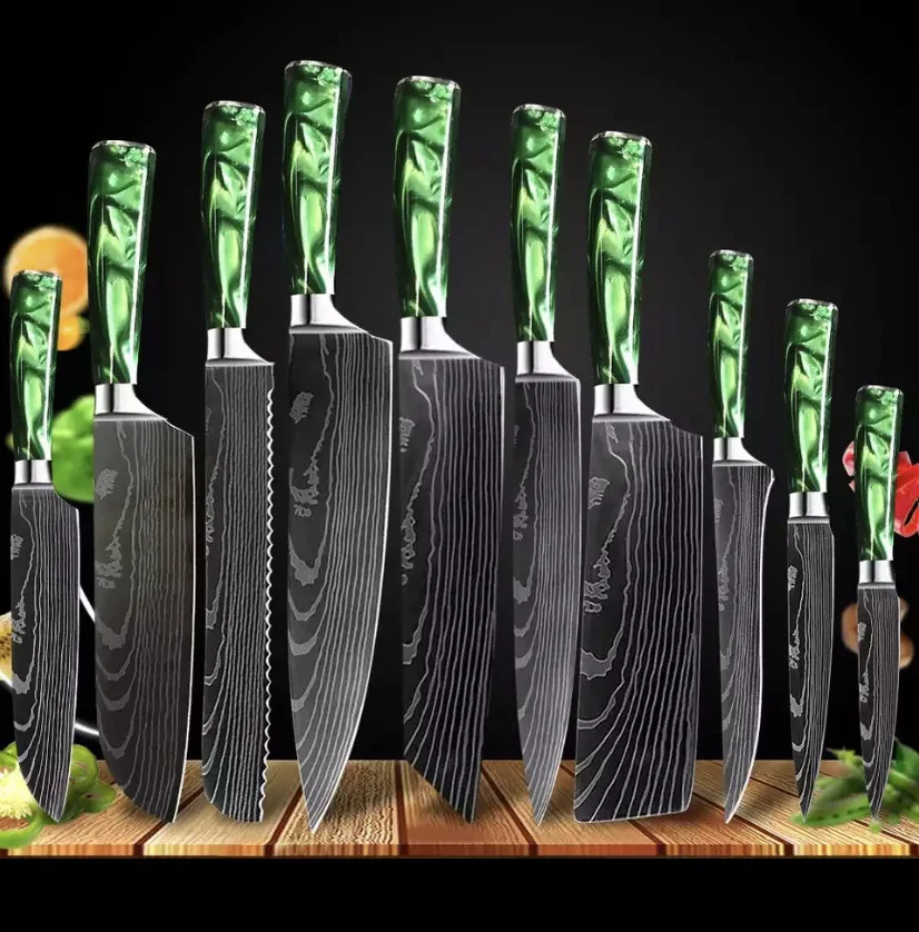 

Factory Supply present damascus grain 9 pcs chef santoku sciling all purpose family kitchen knife set with gift package