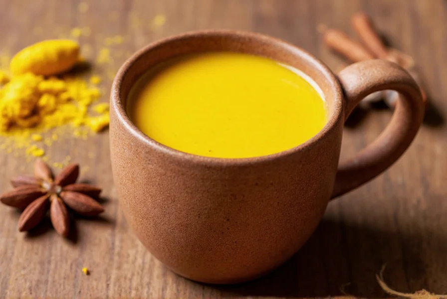 Golden milk turmeric beverage in a ceramic mug with spices