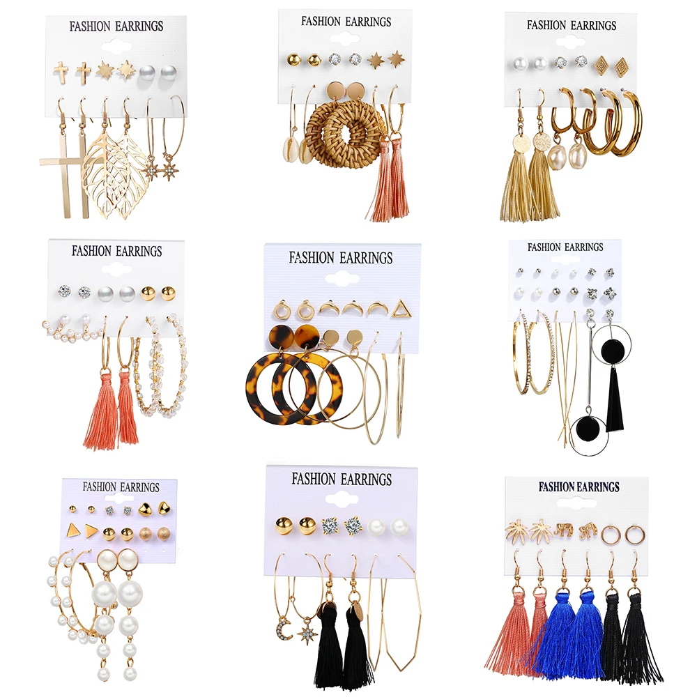 

51639 4 Pcs Cute Tassel Earrings Sets Jewelry Crystal Kid Children Lovely Gold Color Jewelry Sets for Girl