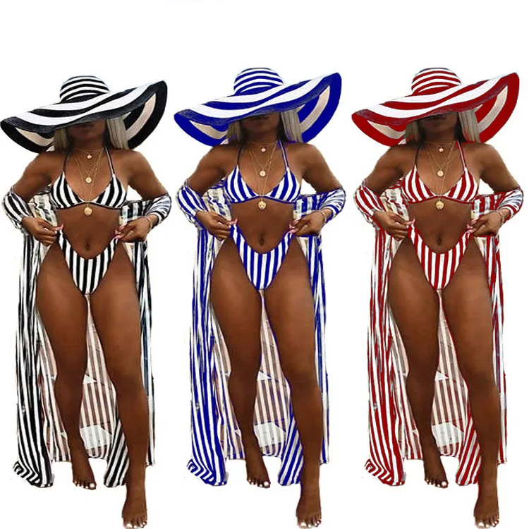 

Summer Split Swimsuit Beach Suit Cover Up Stripes Sexy Mid Sleeve Swimsuit Holiday Three-Piece Suit Printed Suit Bikini Swimsuit
